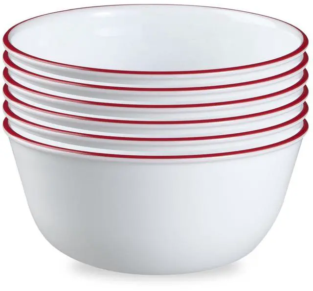 Main image of Vitrelle Glass 6-PC Bowls Set, For Soup Cereal & Dessert, Chip-Resistant & Lightweight Bowl Dinnerware Set, Red Banded 28 OZ