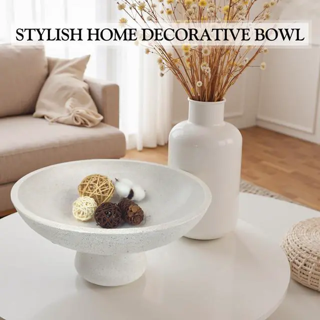 Alt view image 4 of 7 - Large Decorative Fruit Bowl - Modern Handcrafted Resin Pedestal Bowl for Kitchen Counter, Entryway Key Holder & Table Centerpiece, Off-White Travertine Stone Bowl