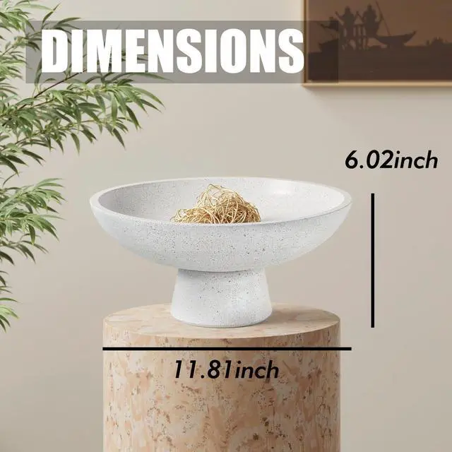 Alt view image 3 of 7 - Large Decorative Fruit Bowl - Modern Handcrafted Resin Pedestal Bowl for Kitchen Counter, Entryway Key Holder & Table Centerpiece, Off-White Travertine Stone Bowl
