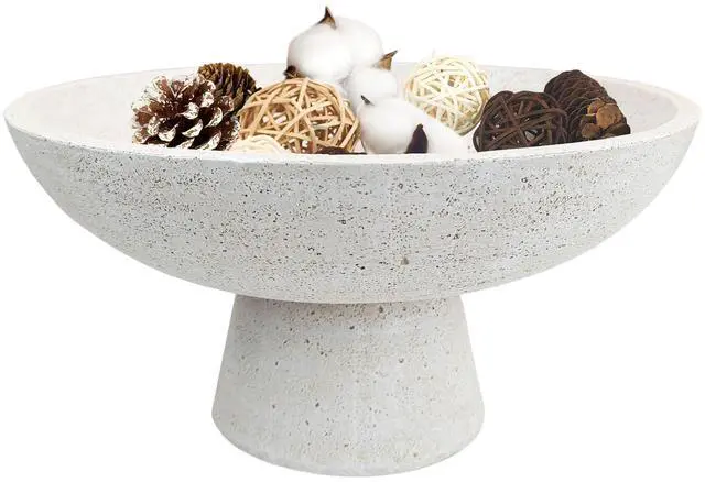 Main image of Large Decorative Fruit Bowl - Modern Handcrafted Resin Pedestal Bowl for Kitchen Counter, Entryway Key Holder & Table Centerpiece, Off-White Travertine Stone Bowl