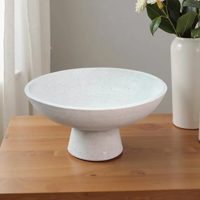 Alt view image 2 of 7 - Large Decorative Fruit Bowl - Modern Handcrafted Resin Pedestal Bowl for Kitchen Counter, Entryway Key Holder & Table Centerpiece, Off-White Travertine Stone Bowl