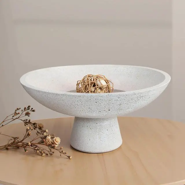 Alt view image 7 of 7 - Large Decorative Fruit Bowl - Modern Handcrafted Resin Pedestal Bowl for Kitchen Counter, Entryway Key Holder & Table Centerpiece, Off-White Travertine Stone Bowl