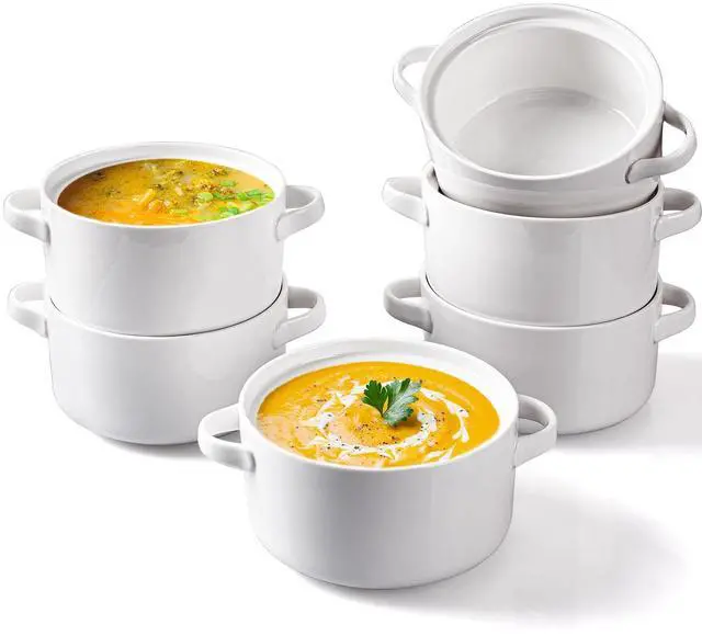 Main image of Soup Bowls with Handles Set of 6, 24 Oz Ceramic French Onion Soup Crocks Oven Safe - Large Soup Mugs for Chili Stew Cereal, Microwave Dishwasher Safe, White
