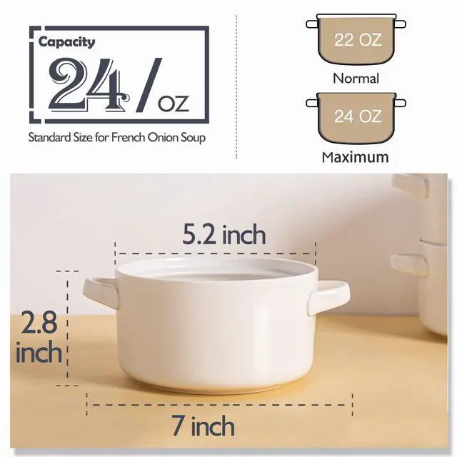 Alt view image 2 of 7 - Soup Bowls with Handles Set of 6, 24 Oz Ceramic French Onion Soup Crocks Oven Safe - Large Soup Mugs for Chili Stew Cereal, Microwave Dishwasher Safe, White