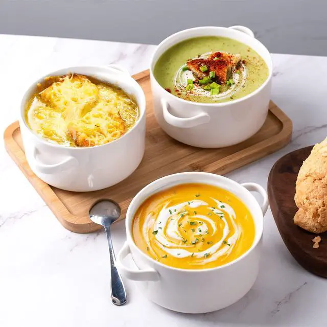 Alt view image 3 of 7 - Soup Bowls with Handles Set of 6, 24 Oz Ceramic French Onion Soup Crocks Oven Safe - Large Soup Mugs for Chili Stew Cereal, Microwave Dishwasher Safe, White