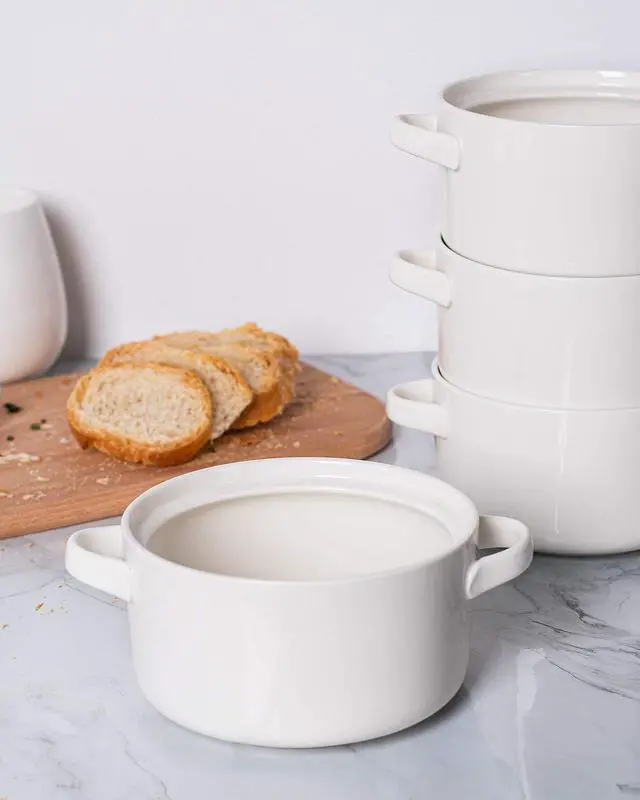 Alt view image 6 of 7 - Soup Bowls with Handles Set of 6, 24 Oz Ceramic French Onion Soup Crocks Oven Safe - Large Soup Mugs for Chili Stew Cereal, Microwave Dishwasher Safe, White