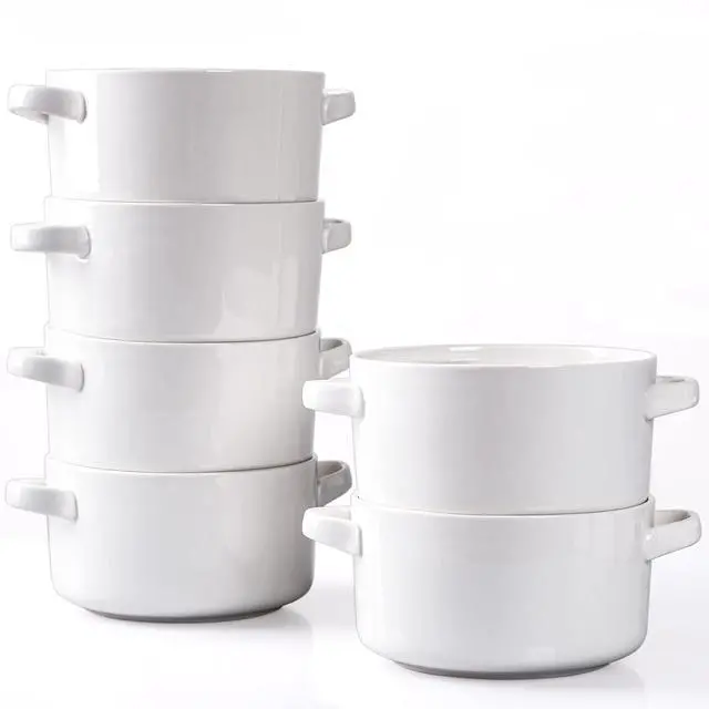 Alt view image 7 of 7 - Soup Bowls with Handles Set of 6, 24 Oz Ceramic French Onion Soup Crocks Oven Safe - Large Soup Mugs for Chili Stew Cereal, Microwave Dishwasher Safe, White