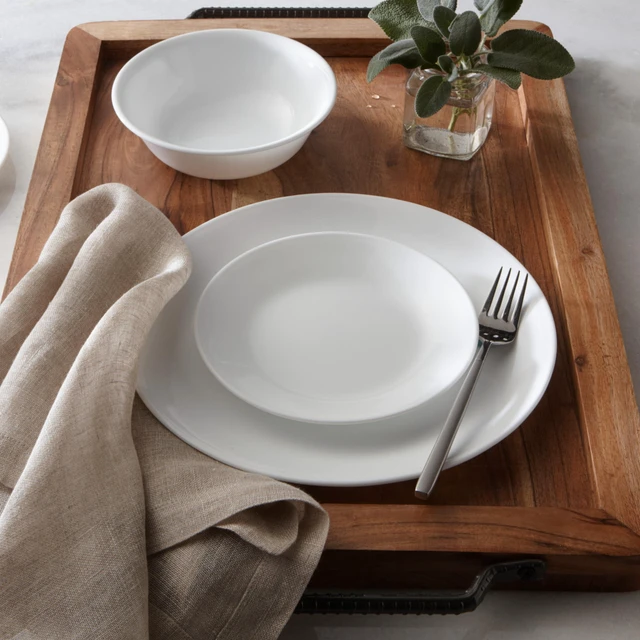 Alt view image 2 of 7 - Vitrelle 18-Piece Service for 6 Dinnerware Set Triple Layer Glass and Chip Resistant, Lightweight Round Plates and Bowls Set, Winter Frost White