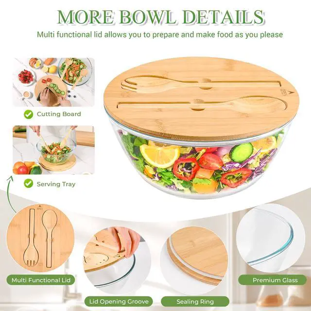 Alt view image 3 of 7 - Glass Salad Bowl with Sealing Lid, 10.6Inch Large Trifle Bowl Glass Fruit Bowl, 4.7 Quart Large Capacity Serving Bowls for Salad, Pasta, Fruit, Dessert Display Cake, Microwave Safe