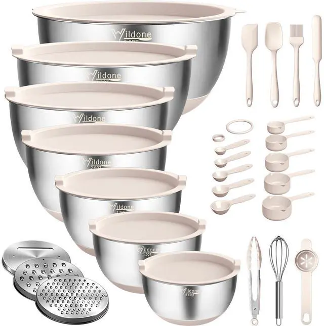 Main image of Mixing Bowls with Airtight Lids, 27 PCS Stainless Steel Nesting Bowls, with 3 Grater Attachments, Scale Mark & Non-Slip Bottom, Size 5, 4, 3, 2, 1.5, 1, 0.63QT, Ideal for Mixing & Prepping