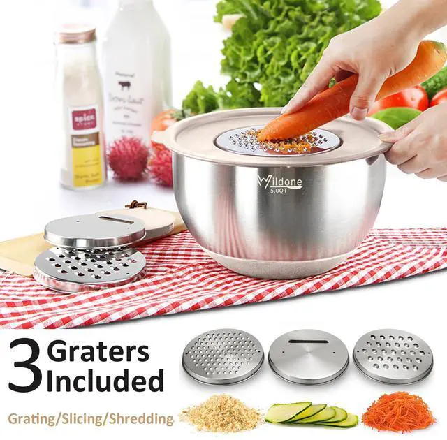 Alt view image 2 of 7 - Mixing Bowls with Airtight Lids, 27 PCS Stainless Steel Nesting Bowls, with 3 Grater Attachments, Scale Mark & Non-Slip Bottom, Size 5, 4, 3, 2, 1.5, 1, 0.63QT, Ideal for Mixing & Prepping