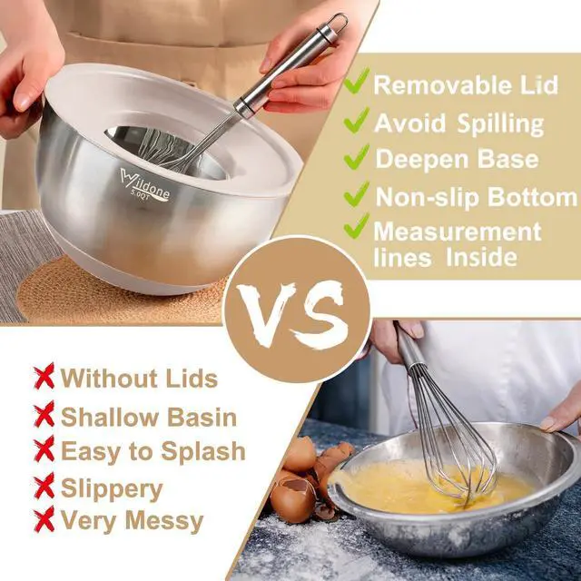 Alt view image 3 of 7 - Mixing Bowls with Airtight Lids, 27 PCS Stainless Steel Nesting Bowls, with 3 Grater Attachments, Scale Mark & Non-Slip Bottom, Size 5, 4, 3, 2, 1.5, 1, 0.63QT, Ideal for Mixing & Prepping
