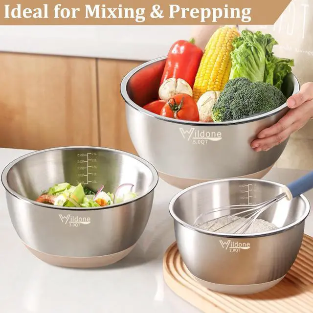 Alt view image 5 of 7 - Mixing Bowls with Airtight Lids, 27 PCS Stainless Steel Nesting Bowls, with 3 Grater Attachments, Scale Mark & Non-Slip Bottom, Size 5, 4, 3, 2, 1.5, 1, 0.63QT, Ideal for Mixing & Prepping