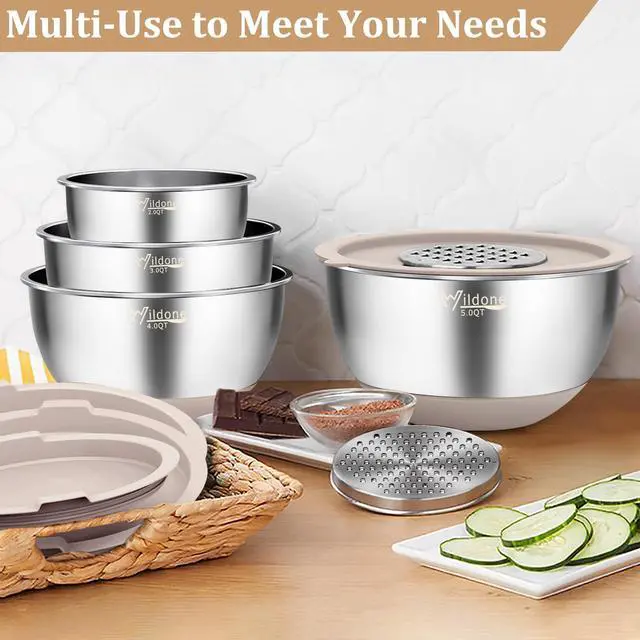 Alt view image 6 of 7 - Mixing Bowls with Airtight Lids, 27 PCS Stainless Steel Nesting Bowls, with 3 Grater Attachments, Scale Mark & Non-Slip Bottom, Size 5, 4, 3, 2, 1.5, 1, 0.63QT, Ideal for Mixing & Prepping