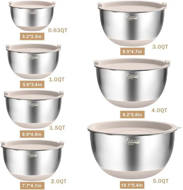 Alt view image 7 of 7 - Mixing Bowls with Airtight Lids, 27 PCS Stainless Steel Nesting Bowls, with 3 Grater Attachments, Scale Mark & Non-Slip Bottom, Size 5, 4, 3, 2, 1.5, 1, 0.63QT, Ideal for Mixing & Prepping