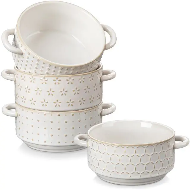 Main image of Ceramic Soup Bowls with Handles, 20oz French Onion Soup Bowls Oven & Microwave Safe for Soups, Stews & Desserts - Set of 4, Embossed Patterns Bowl Set - 5.5 Inch, Series LYDIA