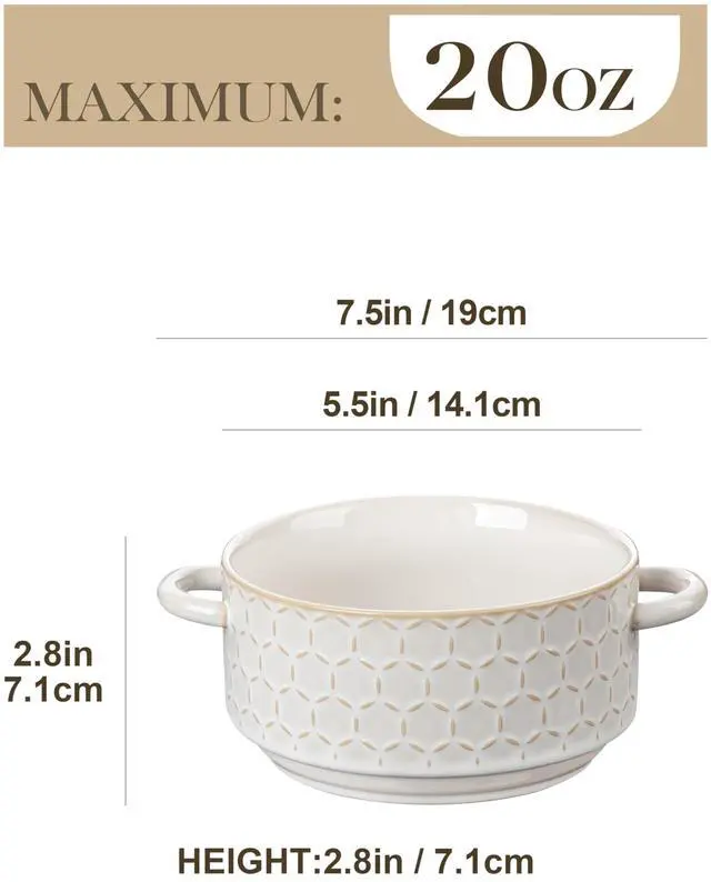 Alt view image 2 of 7 - Ceramic Soup Bowls with Handles, 20oz French Onion Soup Bowls Oven & Microwave Safe for Soups, Stews & Desserts - Set of 4, Embossed Patterns Bowl Set - 5.5 Inch, Series LYDIA