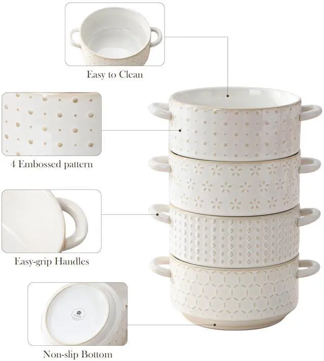 Alt view image 5 of 7 - Ceramic Soup Bowls with Handles, 20oz French Onion Soup Bowls Oven & Microwave Safe for Soups, Stews & Desserts - Set of 4, Embossed Patterns Bowl Set - 5.5 Inch, Series LYDIA