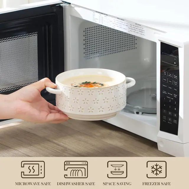 Alt view image 4 of 7 - Ceramic Soup Bowls with Handles, 20oz French Onion Soup Bowls Oven & Microwave Safe for Soups, Stews & Desserts - Set of 4, Embossed Patterns Bowl Set - 5.5 Inch, Series LYDIA