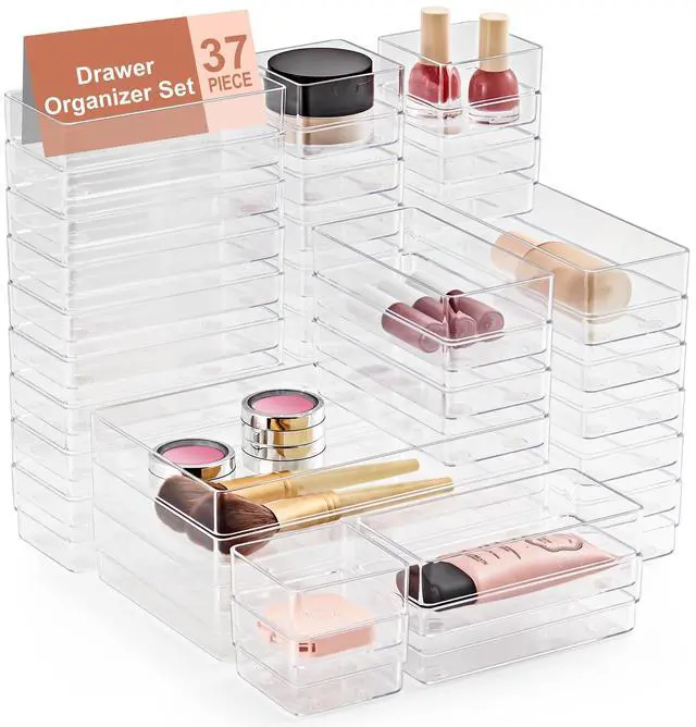 Main image of 37-Piece Drawer Organizer with Non-Slip Silicone Pads, 4-Size Desk Drawer Organizer Trays Storage Tray for Makeup, Jewelries, Utensils in Bedroom Dresser, Office and Kitchen (Clear)