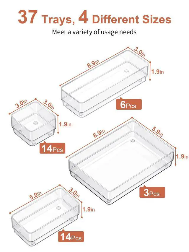 Alt view image 2 of 7 - 37-Piece Drawer Organizer with Non-Slip Silicone Pads, 4-Size Desk Drawer Organizer Trays Storage Tray for Makeup, Jewelries, Utensils in Bedroom Dresser, Office and Kitchen (Clear)