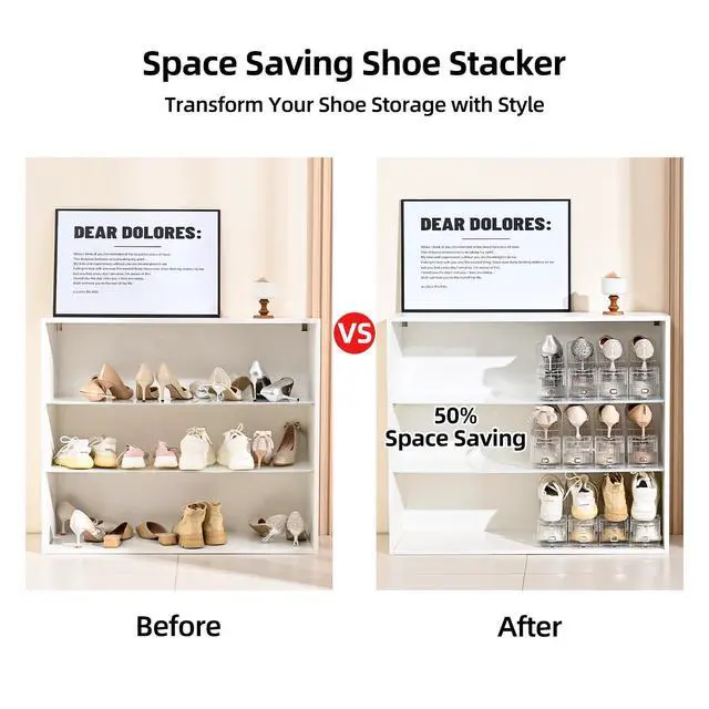 Alt view image 6 of 6 - Shoe Slots Organizer20 Pack Clear Shoe Stackers for a Pair of Shoes,Adjustable Shoe Rack with Three LevelsShoe Storage Shoe Space Saver