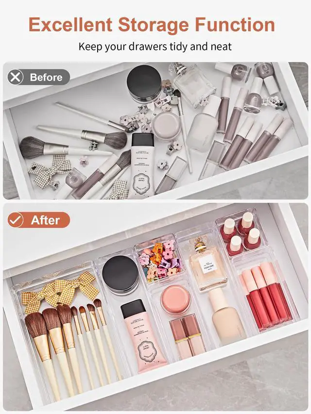 Alt view image 4 of 7 - 37-Piece Drawer Organizer with Non-Slip Silicone Pads, 4-Size Desk Drawer Organizer Trays Storage Tray for Makeup, Jewelries, Utensils in Bedroom Dresser, Office and Kitchen (Clear)