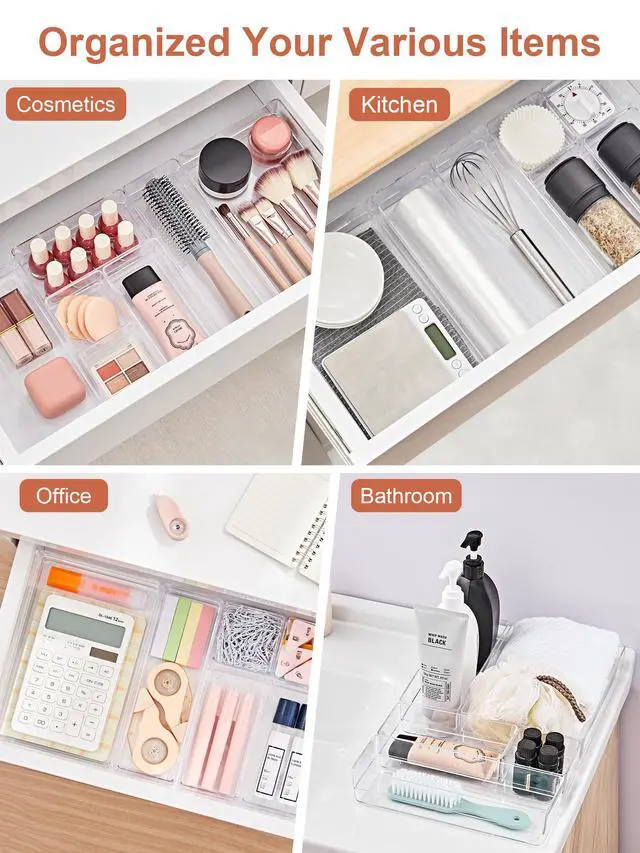 Alt view image 6 of 7 - 37-Piece Drawer Organizer with Non-Slip Silicone Pads, 4-Size Desk Drawer Organizer Trays Storage Tray for Makeup, Jewelries, Utensils in Bedroom Dresser, Office and Kitchen (Clear)