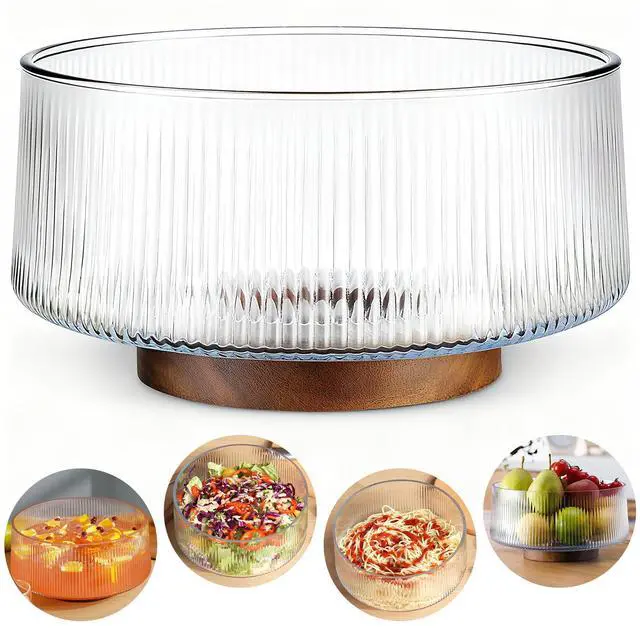 Main image of Extra Large Glass Salad Bowl with Natural Acacia Wood Base, Ribbed Design Oversized Capacity for Family Dinners, Parties, Multipurpose for Serving Salads, Fruits, Wine(Separate-Piece Design)