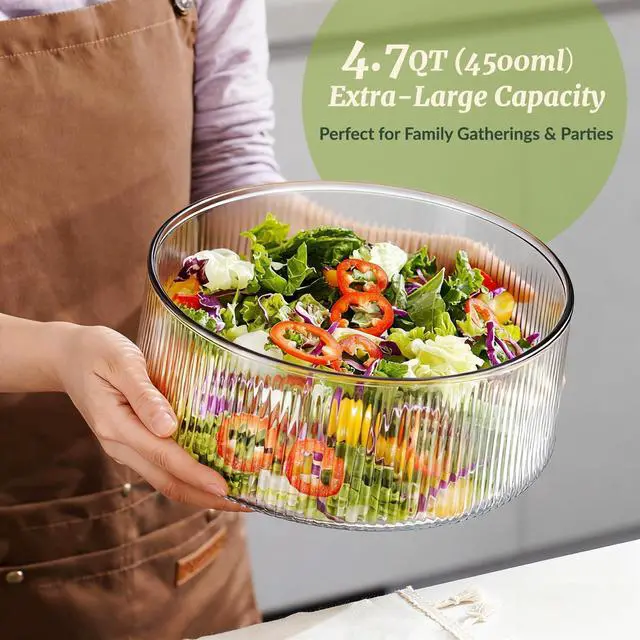 Alt view image 3 of 7 - Extra Large Glass Salad Bowl with Natural Acacia Wood Base, Ribbed Design Oversized Capacity for Family Dinners, Parties, Multipurpose for Serving Salads, Fruits, Wine(Separate-Piece Design)