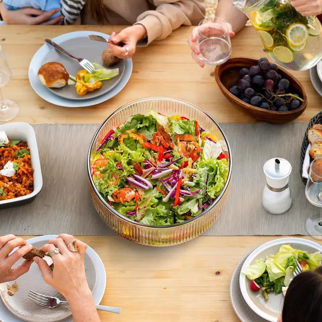 Alt view image 6 of 7 - Extra Large Glass Salad Bowl with Natural Acacia Wood Base, Ribbed Design Oversized Capacity for Family Dinners, Parties, Multipurpose for Serving Salads, Fruits, Wine(Separate-Piece Design)