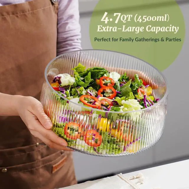 Alt view image 5 of 7 - Extra Large Glass Salad Bowl with Natural Acacia Wood Base, Ribbed Design Oversized Capacity for Family Dinners, Parties, Multipurpose for Serving Salads, Fruits, Wine(Separate-Piece Design)