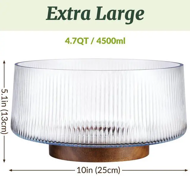 Alt view image 7 of 7 - Extra Large Glass Salad Bowl with Natural Acacia Wood Base, Ribbed Design Oversized Capacity for Family Dinners, Parties, Multipurpose for Serving Salads, Fruits, Wine(Separate-Piece Design)