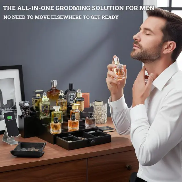 Alt view image 2 of 7 - Wooden Cologne Organizer for Men 4 Tier | Black Perfume Holder Shelf for Dresser | High Grade Velvet Lining and Stylish Gift Box | Uncluttered Design Perfume Display Stand