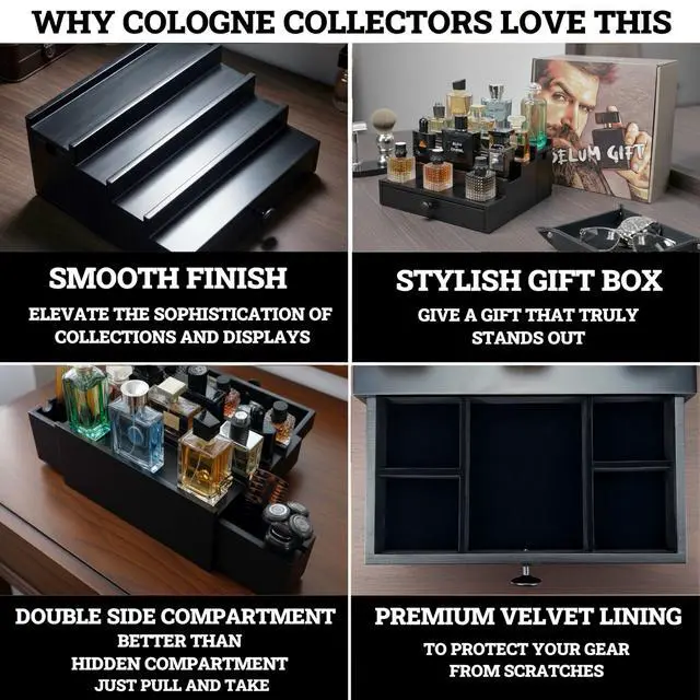 Alt view image 3 of 7 - Wooden Cologne Organizer for Men 4 Tier | Black Perfume Holder Shelf for Dresser | High Grade Velvet Lining and Stylish Gift Box | Uncluttered Design Perfume Display Stand