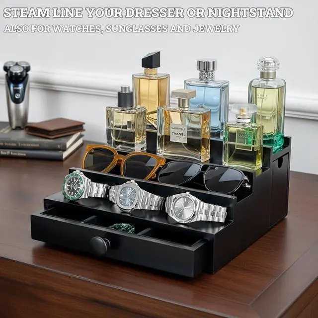 Alt view image 6 of 7 - Wooden Cologne Organizer for Men 4 Tier | Black Perfume Holder Shelf for Dresser | High Grade Velvet Lining and Stylish Gift Box | Uncluttered Design Perfume Display Stand