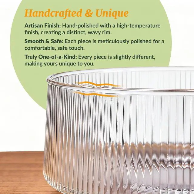Alt view image 2 of 7 - Extra Large Glass Salad Bowl with Natural Acacia Wood Base, Ribbed Design Oversized Capacity for Family Dinners, Parties, Multipurpose for Serving Salads, Fruits, Wine(Separate-Piece Design)