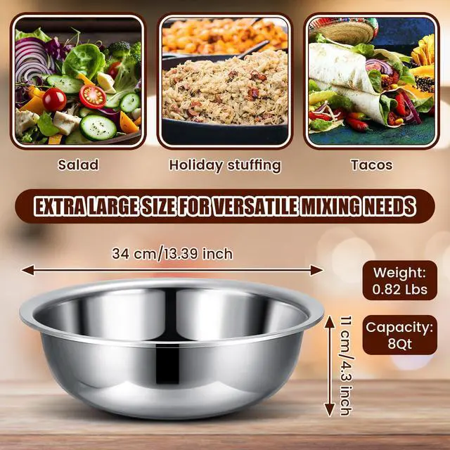 Alt view image 2 of 6 - 4 Pcs Stainless Steel Mixing Bowls Metal Mixing Bowls Extra Large Basin Salad Basin Deeper Edge Dishwasher Safe Mirror Finish for Home and Commercial, Silver (13 Inch 8 Qt)