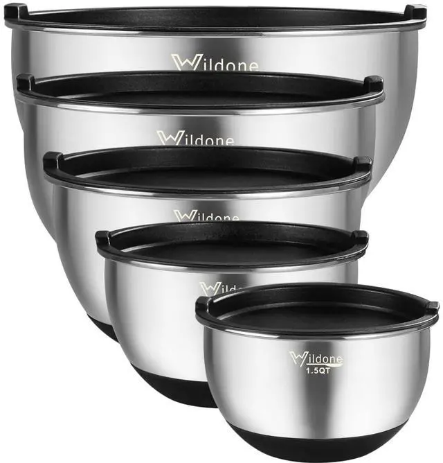 Main image of Mixing Bowls with Airtight Lids, Stainless Steel Nesting Mixing Bowls Set of 5, with Non-slip Silicone Bottoms, Size 8, 5, 3, 2, 1.5 QT, Stackable Design, Great for Mixing and Prepping