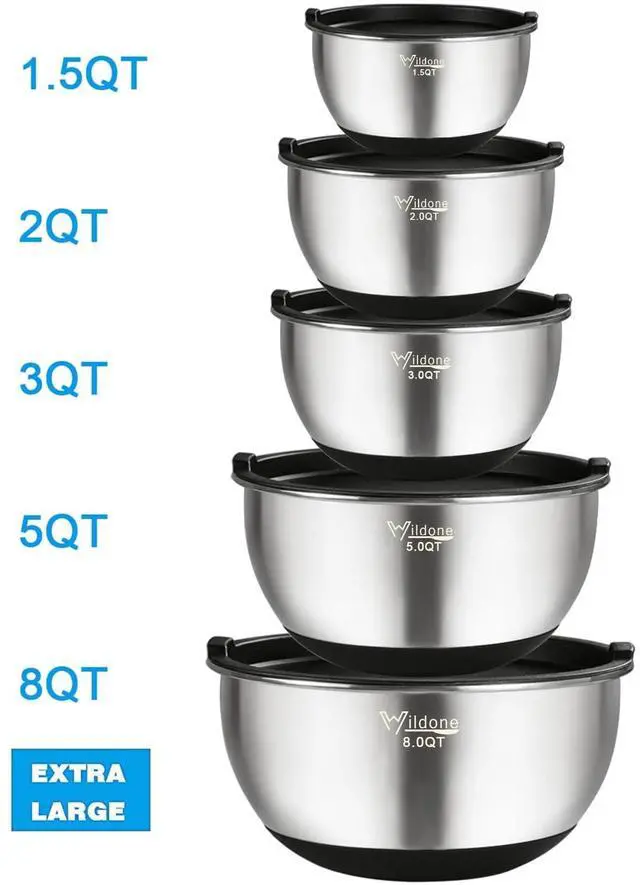 Alt view image 2 of 7 - Mixing Bowls with Airtight Lids, Stainless Steel Nesting Mixing Bowls Set of 5, with Non-slip Silicone Bottoms, Size 8, 5, 3, 2, 1.5 QT, Stackable Design, Great for Mixing and Prepping