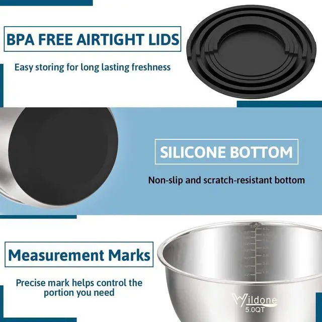 Alt view image 3 of 7 - Mixing Bowls with Airtight Lids, Stainless Steel Nesting Mixing Bowls Set of 5, with Non-slip Silicone Bottoms, Size 8, 5, 3, 2, 1.5 QT, Stackable Design, Great for Mixing and Prepping