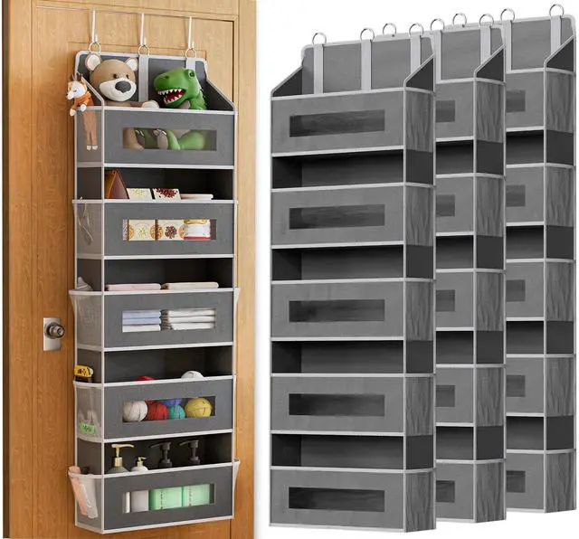 Main image of 3 Pack 5 Tier Over The Door Organizer - Large Capacity Behind Door Hanging Shelves with 10 Mesh Pockets and Clear Windows, Closet Organizers and Storage for Bathroom, Bedroom, Nursery, Grey