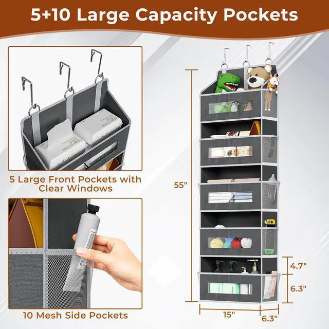 Alt view image 2 of 7 - 3 Pack 5 Tier Over The Door Organizer - Large Capacity Behind Door Hanging Shelves with 10 Mesh Pockets and Clear Windows, Closet Organizers and Storage for Bathroom, Bedroom, Nursery, Grey