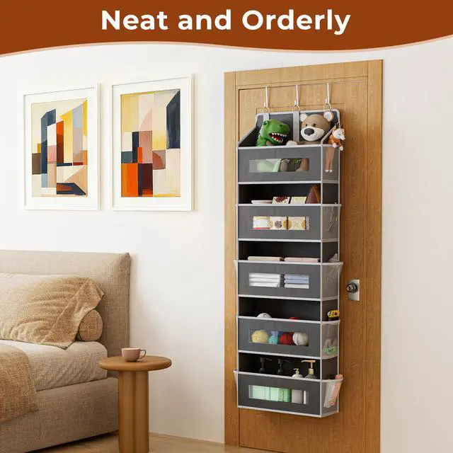 Alt view image 5 of 7 - 3 Pack 5 Tier Over The Door Organizer - Large Capacity Behind Door Hanging Shelves with 10 Mesh Pockets and Clear Windows, Closet Organizers and Storage for Bathroom, Bedroom, Nursery, Grey