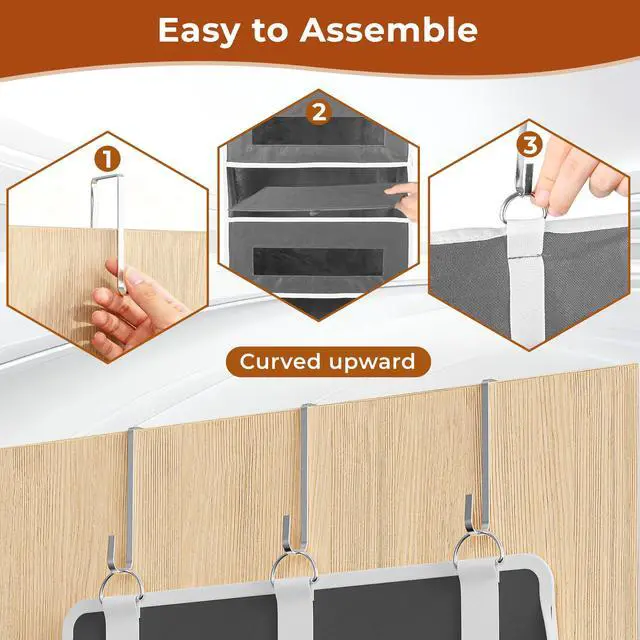 Alt view image 6 of 7 - 3 Pack 5 Tier Over The Door Organizer - Large Capacity Behind Door Hanging Shelves with 10 Mesh Pockets and Clear Windows, Closet Organizers and Storage for Bathroom, Bedroom, Nursery, Grey