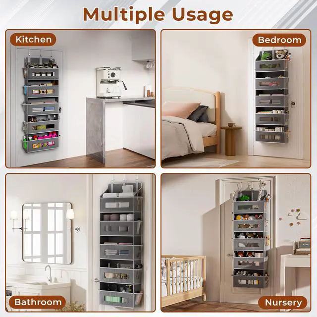 Alt view image 7 of 7 - 3 Pack 5 Tier Over The Door Organizer - Large Capacity Behind Door Hanging Shelves with 10 Mesh Pockets and Clear Windows, Closet Organizers and Storage for Bathroom, Bedroom, Nursery, Grey