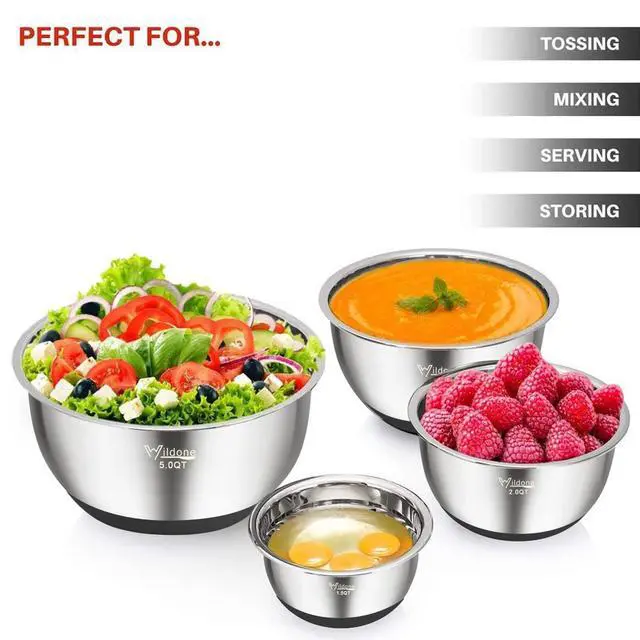 Alt view image 6 of 7 - Mixing Bowls with Airtight Lids, Stainless Steel Nesting Mixing Bowls Set of 5, with Non-slip Silicone Bottoms, Size 8, 5, 3, 2, 1.5 QT, Stackable Design, Great for Mixing and Prepping