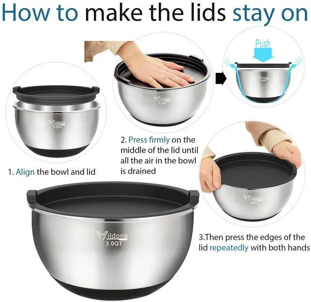Alt view image 7 of 7 - Mixing Bowls with Airtight Lids, Stainless Steel Nesting Mixing Bowls Set of 5, with Non-slip Silicone Bottoms, Size 8, 5, 3, 2, 1.5 QT, Stackable Design, Great for Mixing and Prepping
