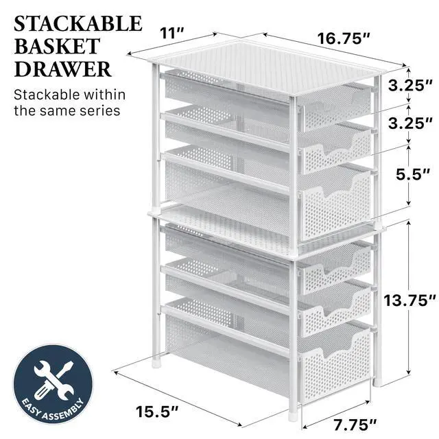 Alt view image 2 of 7 - 3 Tier White Alloy Steel Sliding Basket Organizer Drawer Cabinet