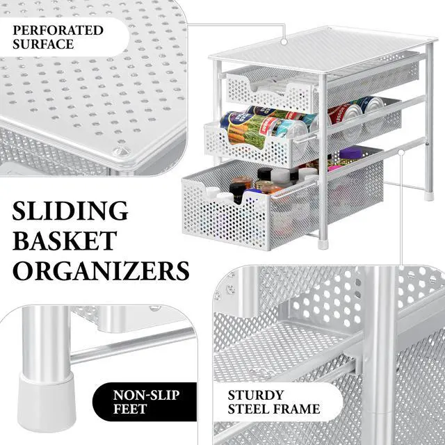 Alt view image 4 of 7 - 3 Tier White Alloy Steel Sliding Basket Organizer Drawer Cabinet